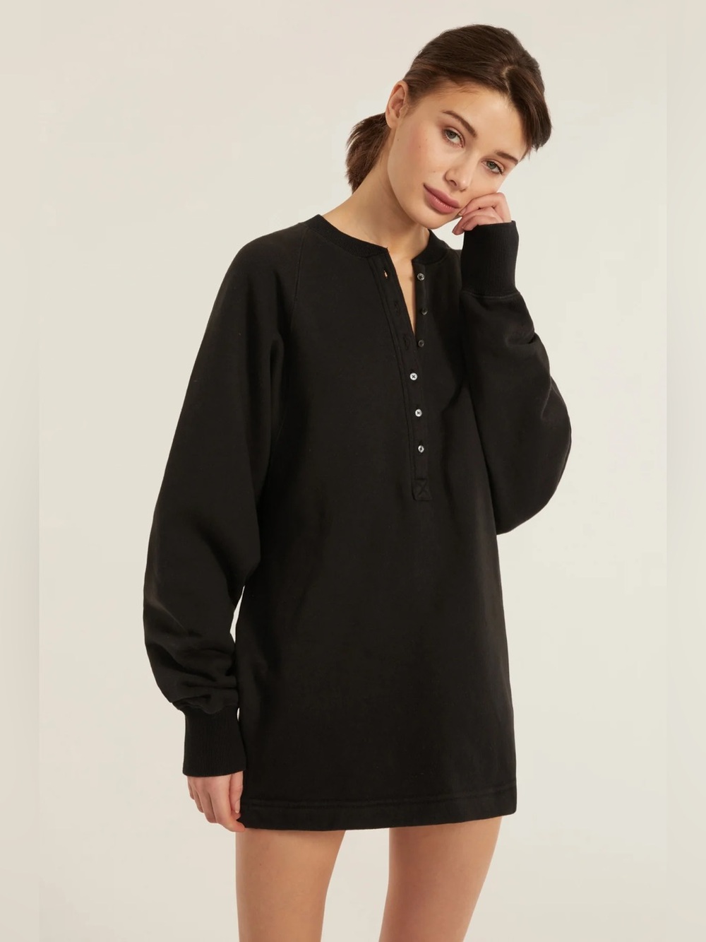 Marissa Webb So Uptight French Terry Plunge Henley Sweatshirt Dress Black XS
